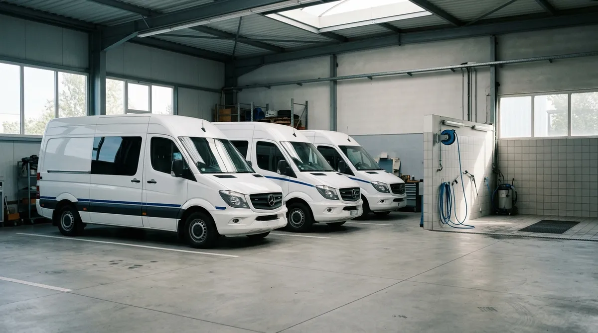 Véhicules sanitaires alignés dans le garage d’une entreprise