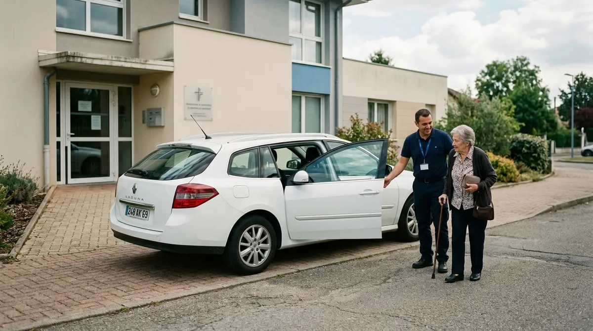 Véhicule sanitaire léger devant un centre de dialyse
